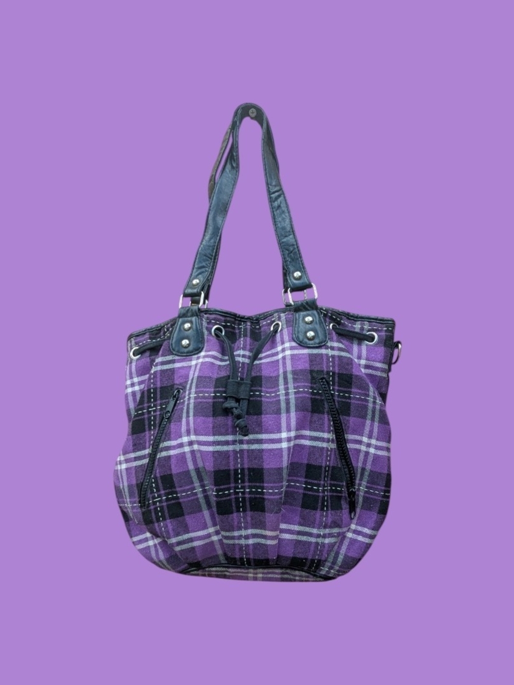 Women's FE Fashion Express Bucket Purple Plaid Shoulder Bag